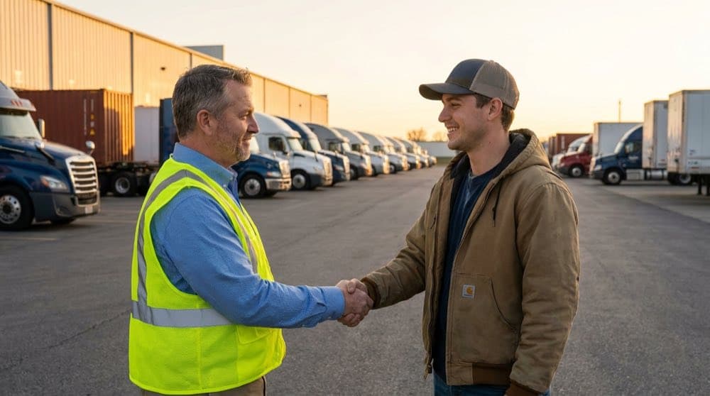 Fleet manager shaking hands with a CDL driver during onboarding
